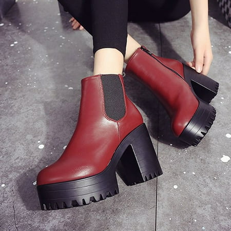

TIANEK Short Retro High Heeled Thick Heeled Waterproof Platform Plus Velvet Wide Calf Cowboy Boots Women