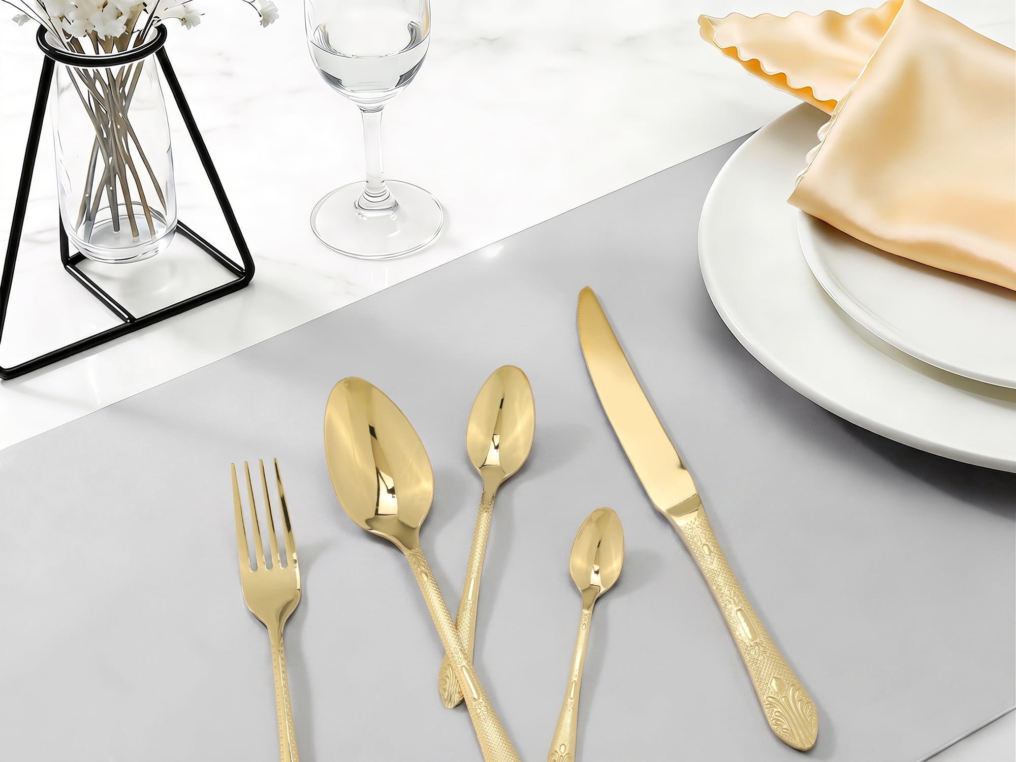 Unique Bargains 20Pcs Stainless Steel Floral Flatware Set For 4 Gold
