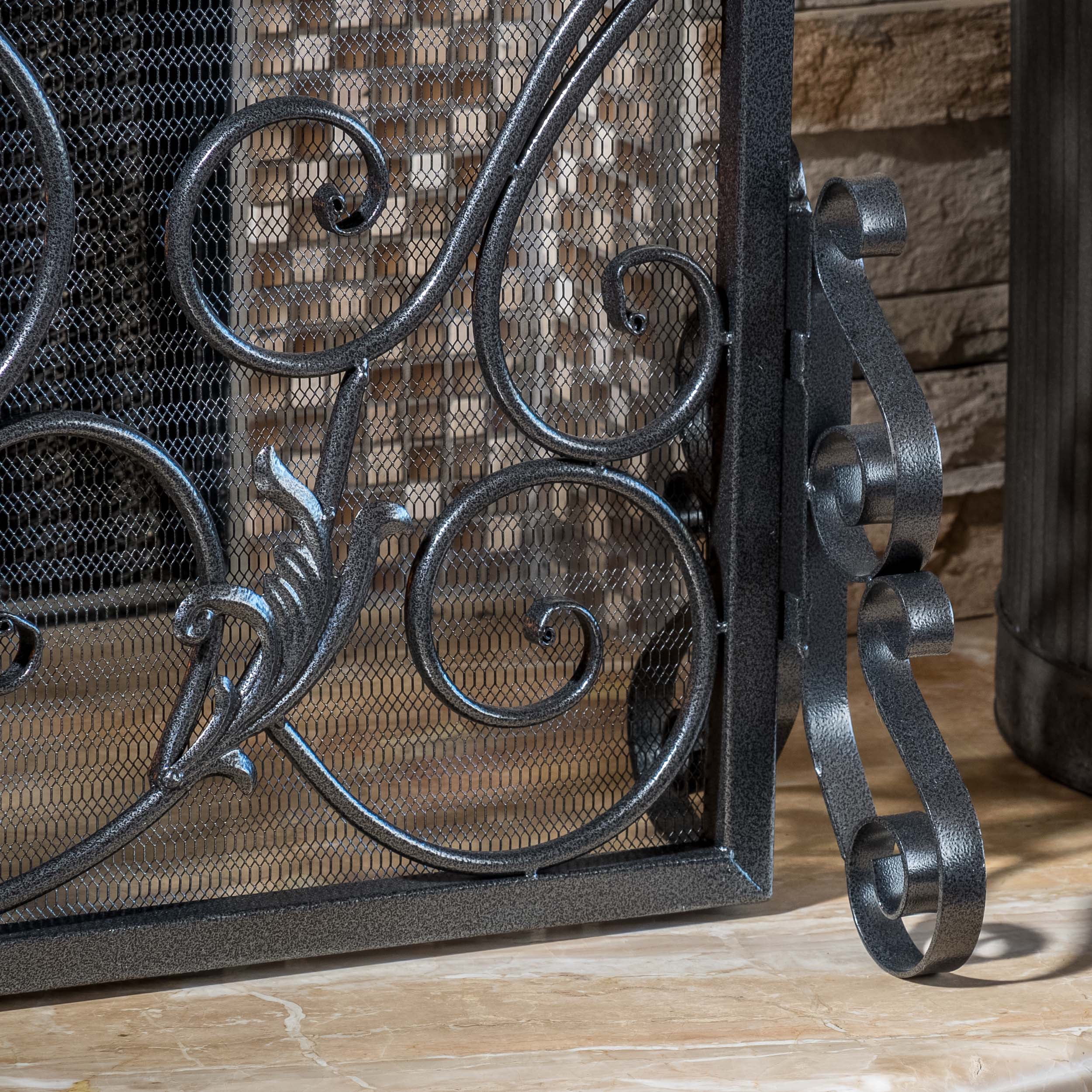 Noble House Crenshaw Iron Fireplace Screen, Silver Flower on Black