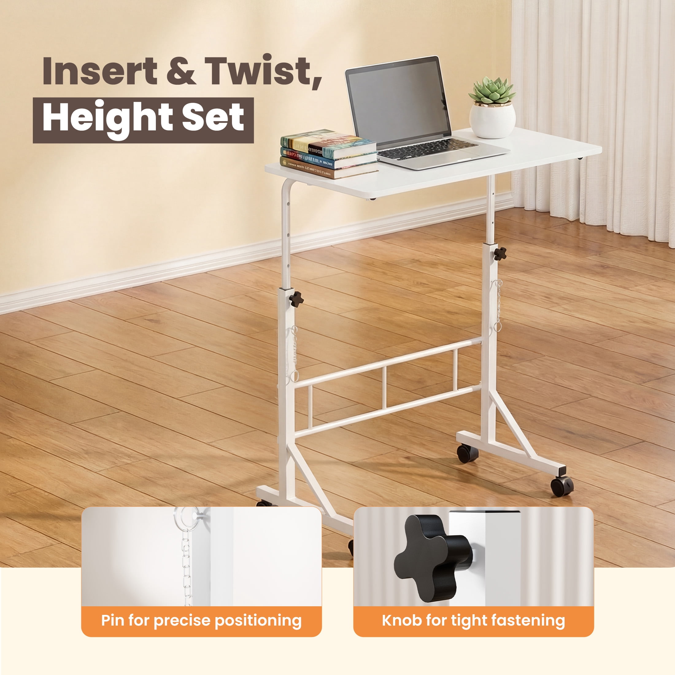 EDX Small Height Adjustable Standing Desk with Wheels, Mobile Rolling Computer Desk for Home Office, Sit Stand Laptop Desk for Walking Pad, White
