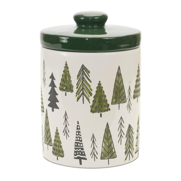 Melrose Ceramic Pine Tree Christmas Canister With Lid - 10"" - Green And White