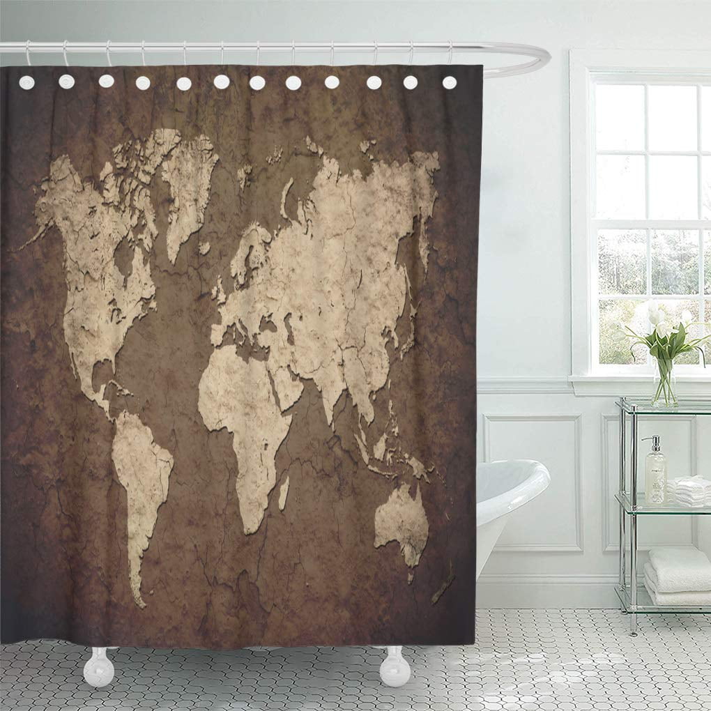 Brown Vintage World Map Polyester-Fabric Bathroom Shower Curtain & bath mat 72" 