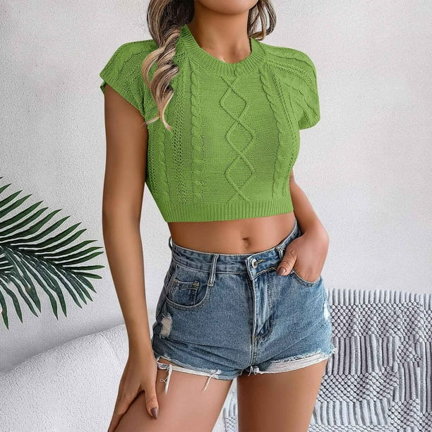 mfyjkho Tops De Moda Para Mujer, Suéter Corto De Moda Con Cuello Redondo Y Manga Corta Con Inserción En Los Hombros De Color Liso Para Mujer Tops Para Mujer L