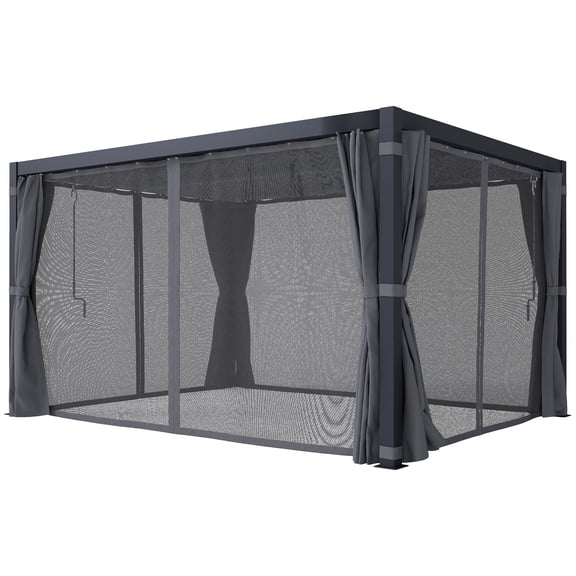 Homiyad 10' x 13' Outdoor Retractable Pergola w/ Sun Shade Louvered Top, Pergola w/ Canopy, Curtains, Netting, Dark Gray