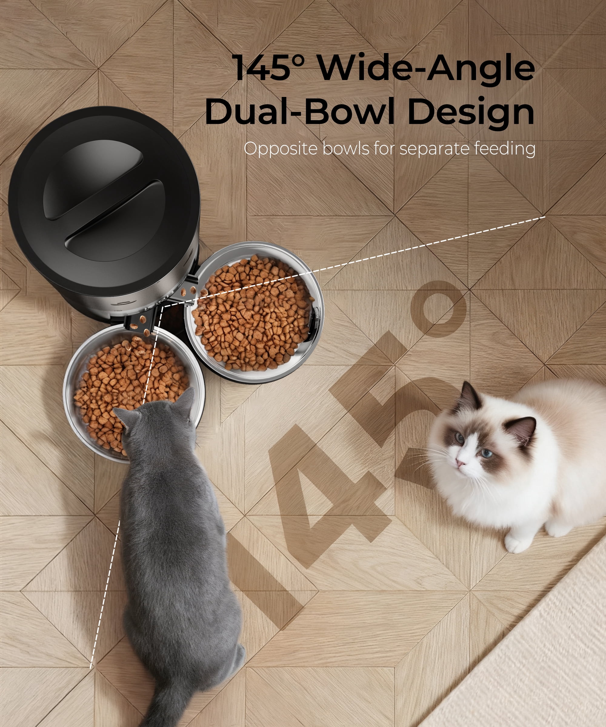 Tolobeve Automatic Cat Feeder for 2 Cats, 2-Way Splitter Timed Cat Dry Food Dispenser with 2 Bowls