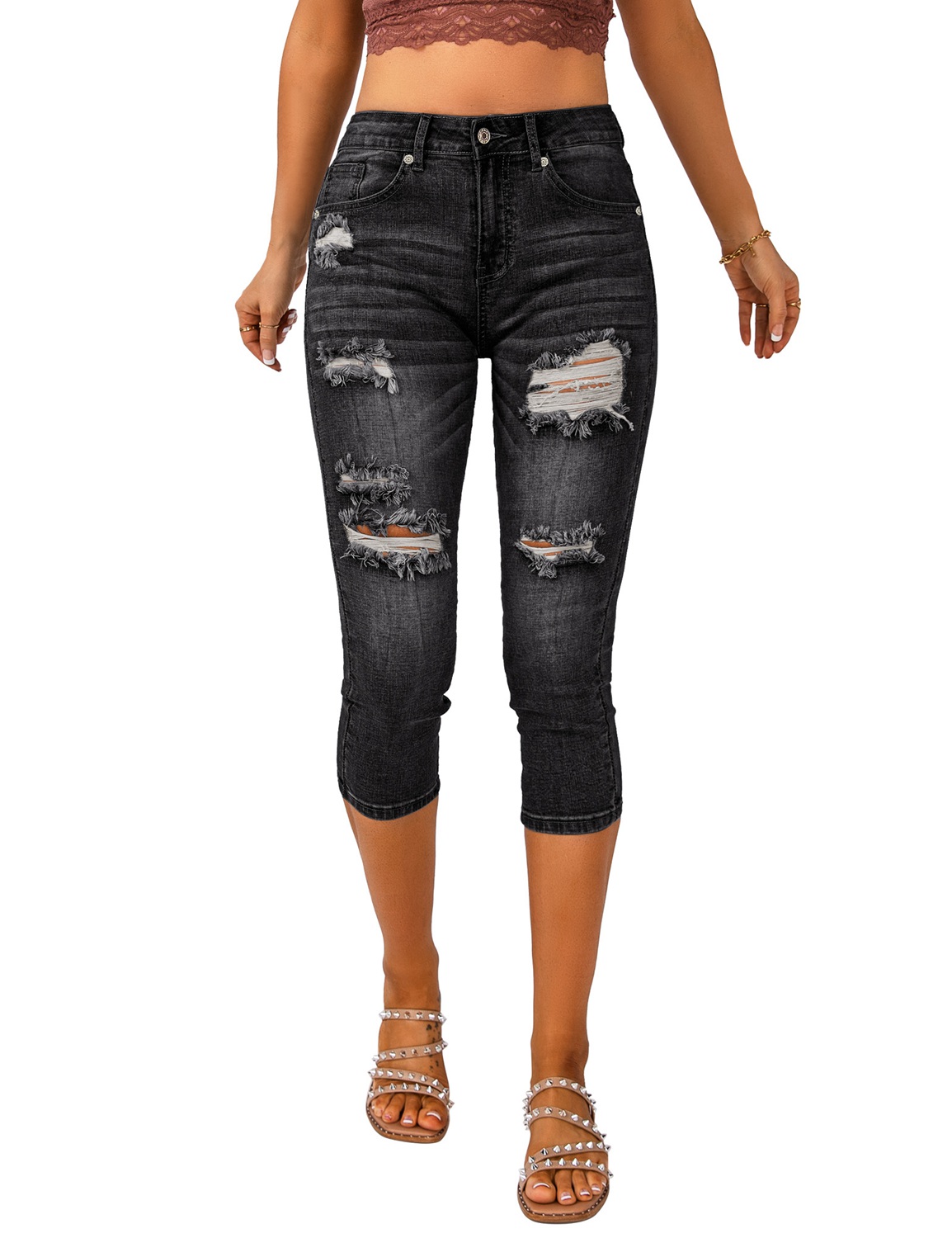 Vetinee Women's Casual Capri Jeans Ripped Skinny Slim Fit Stretch Pants