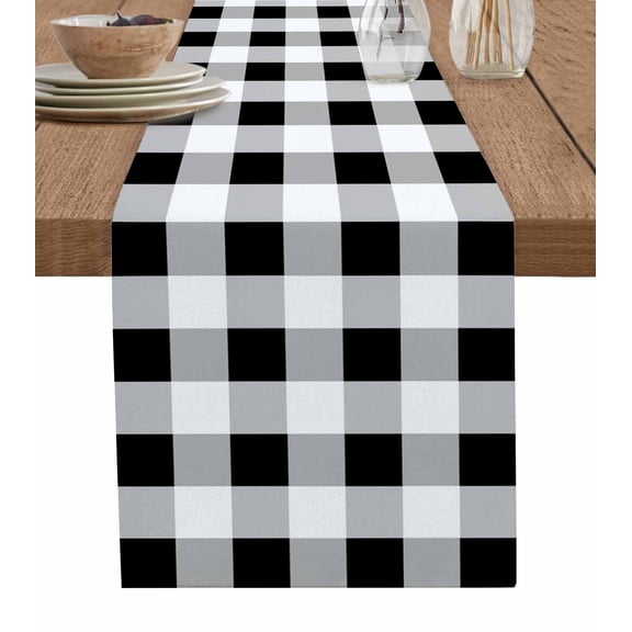 ERUNPONLY Black White Plaid Table Runner - 90 Inch Long Spring Farmhouse Buffalo Checkered Cotton and Linen Blended Dress Scarves Farmhouse Table Runner for Kitchen Dining, Coffee Table, 13" x 90"