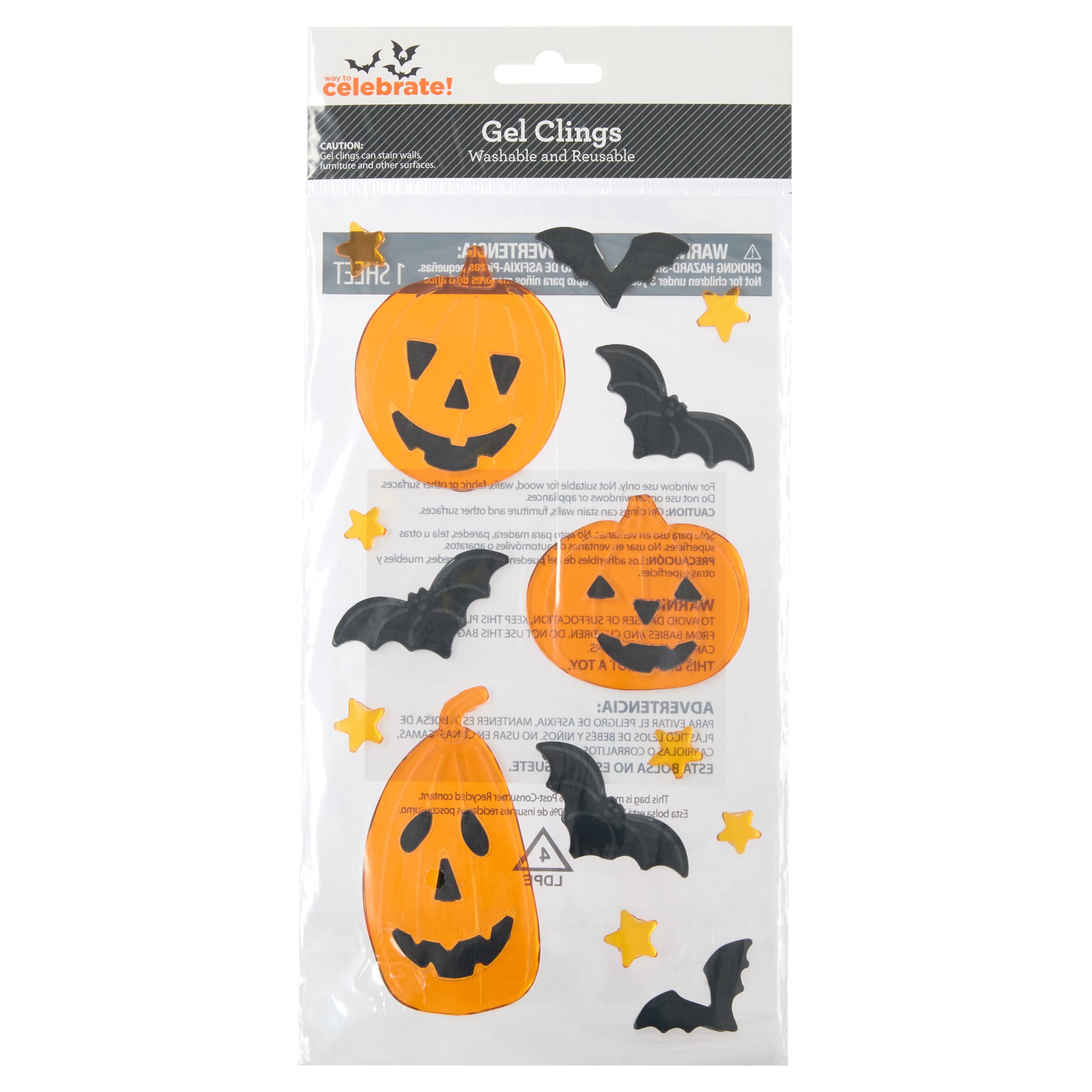 Jack-o'-Lanterns and Bats Gel Clings, Orange and Black, 5.5" x 12.1", Halloween by Way To Celebrate