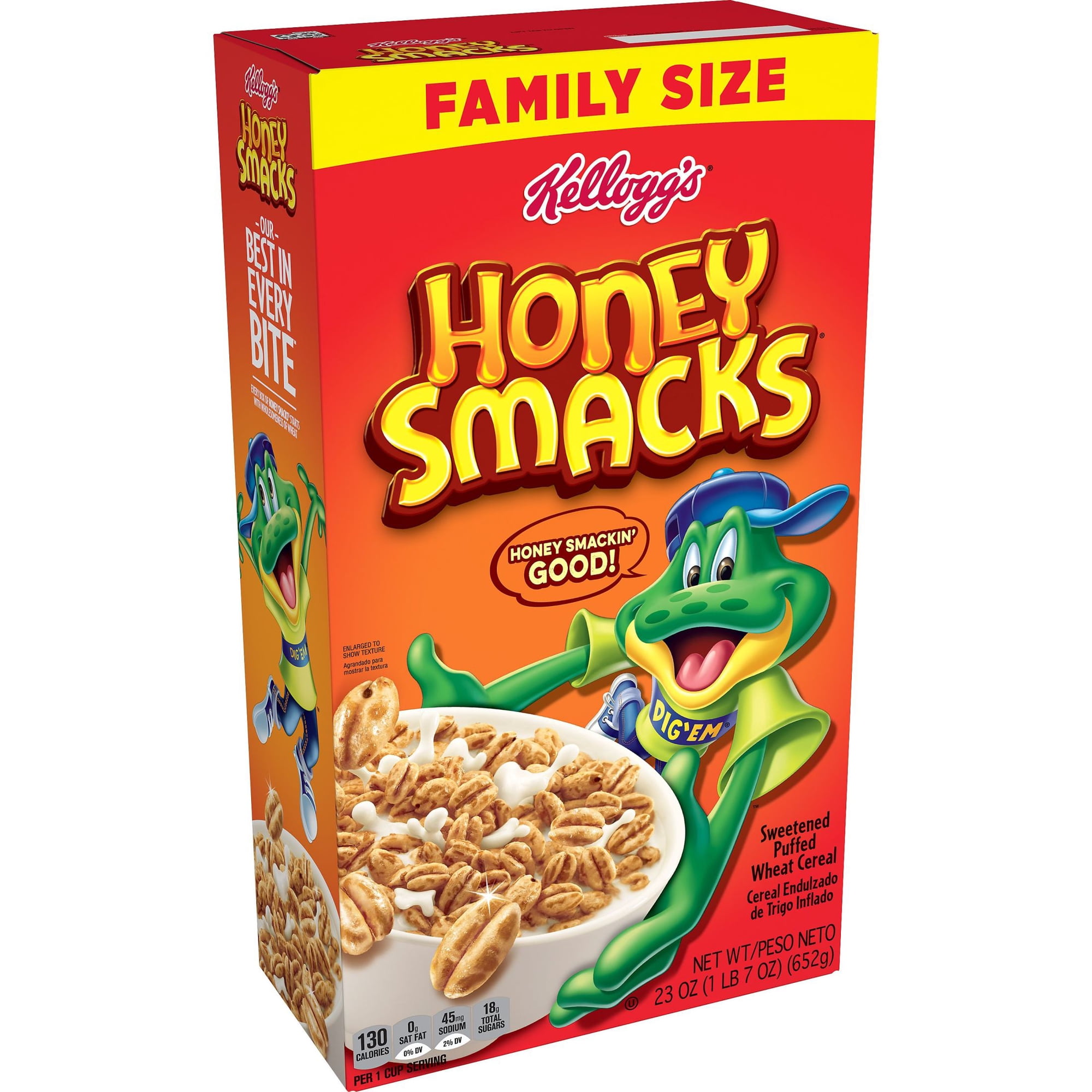 Kellogg's Honey Smacks Breakfast Cereal, Made with Whole Grain, Kids Snacks, Family Size, Original, 23oz Box (1 Box)
