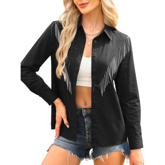 DARING DIVA Women's Fringe Button Down Long Sleeve Sparkle Tassel Cowgirl XS Black
