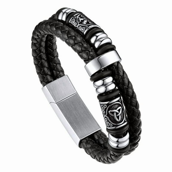 Bandmax Men's Stainless Steel Beaded Celtic Knot Bracelet Double Layer Leather Braided Bracelet Nordic Wristband with Bead Charm for Men‘s Gift