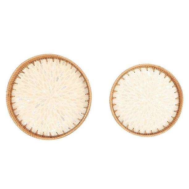 2pcs Woven Snack Serving Tray Round Traditional Handmade Art Style Rattan Decorative Tray for Food Fruit