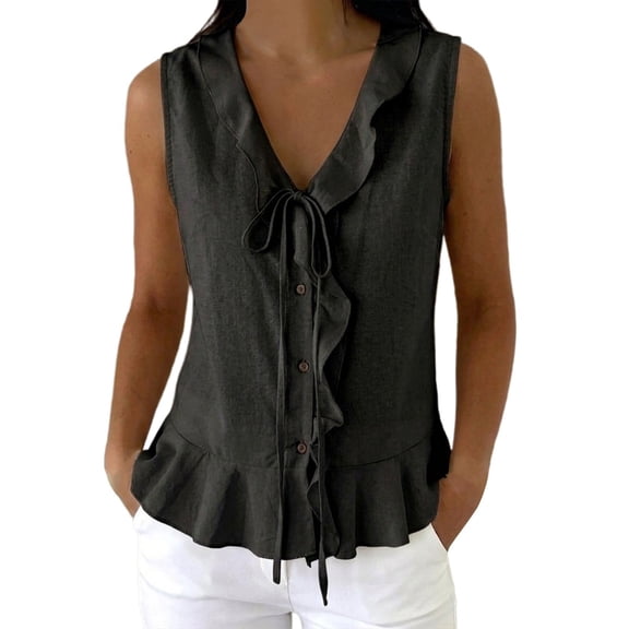 Comdrip 2026 Casual Dressy Sleeveless V Neck Ruffle Tank Tops Women Breathable Comfortable Trendy Summer Ladies Business Button Dot Casual Work Blouses Black L