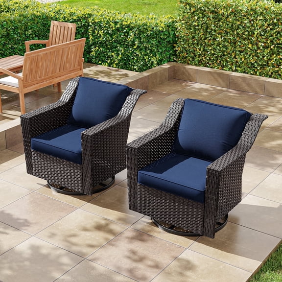MeetLeisure Patio 2 Pieces Wicker Swivel Chairs Set, Outdoor PE Rattan Rocking Glider Armchairs with Water-Resistant Cushions & Washable Covers for Porch Balcony Sunroom, Dark Blue