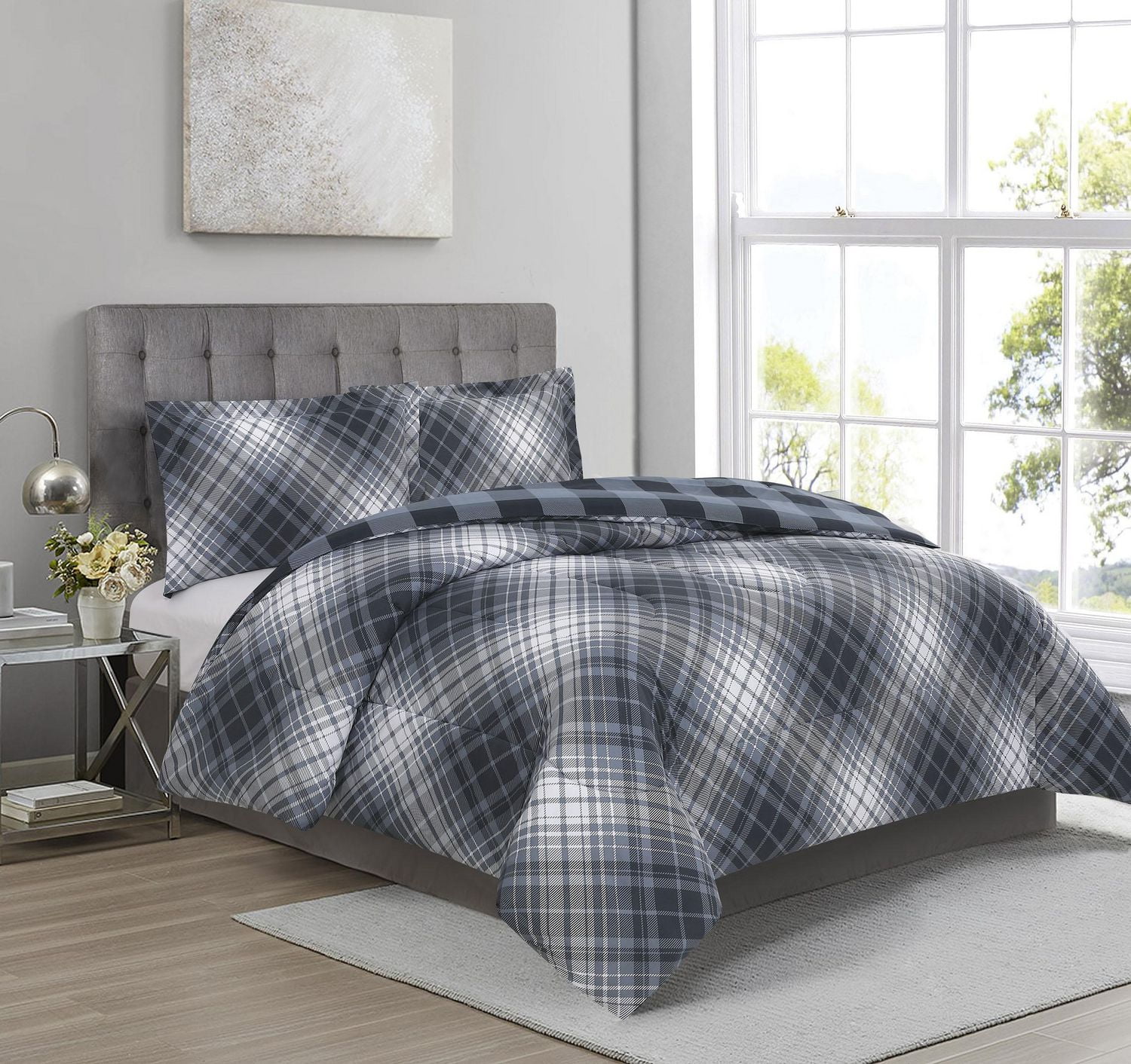 3 Pieces Comforter Set Bias Plaid Dust Blue