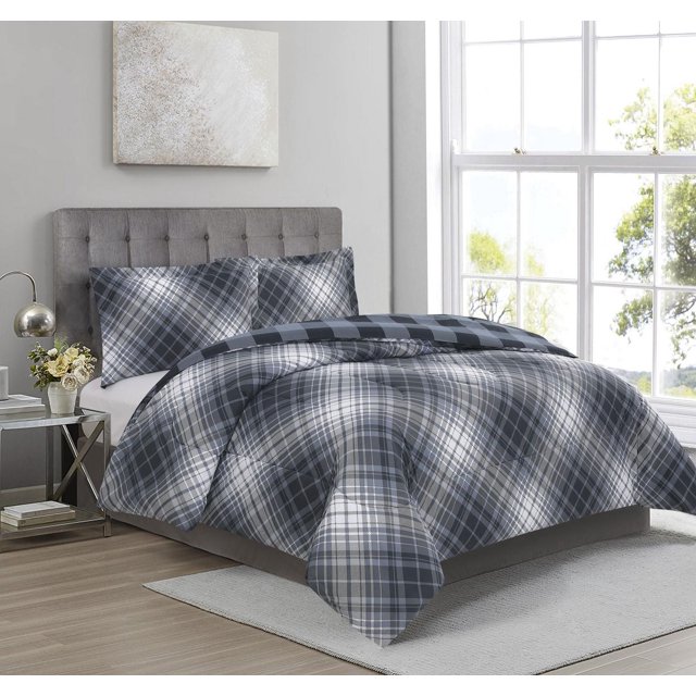 3 Pieces Comforter Set Bias Plaid Dust Blue