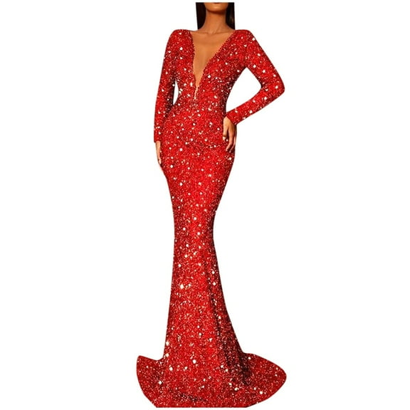 VUPSGEZ Women Solid Sparkling Sequin Dress Deep V-Neck Long Sleeve Party Fishtail Dress (Red,S)