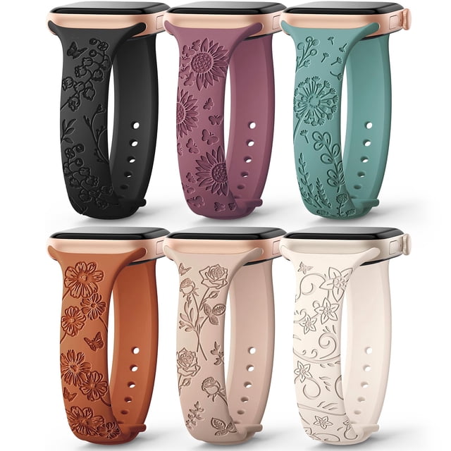 Correa de reloj AMSKY Slim de silicona grabada con estampado floral, paquete de 6 unidades, 40-49 mm