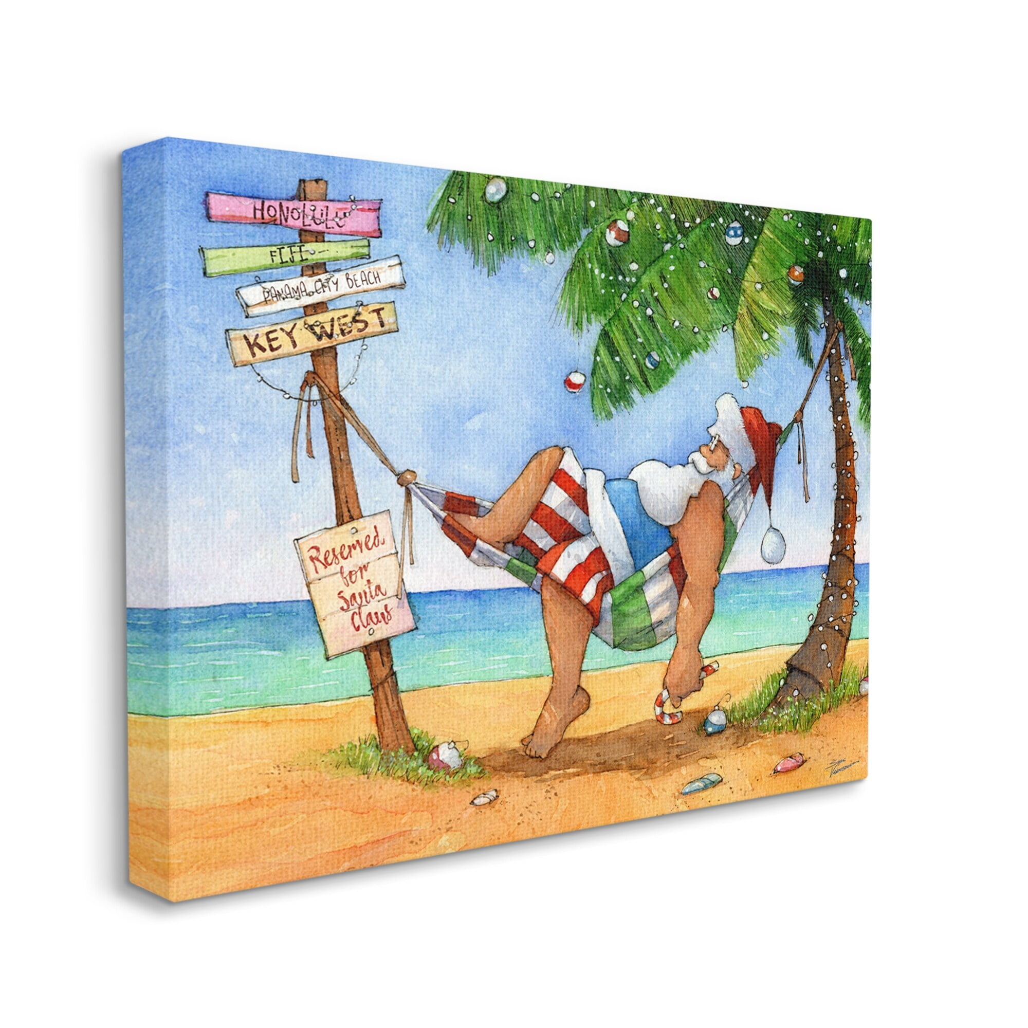 Tropical Santa Claus Resting Hammock Festive Palm Tree Holiday Painting Gallery-Wrapped Canvas Print Wall Art