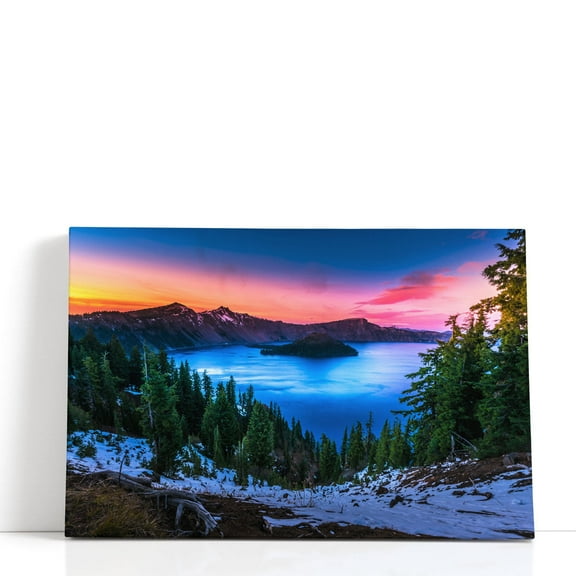 Crater Lake Oregon, Cold Winter Sunset - Wrapped Canvas Print Wall Art | 18" W x 12" H