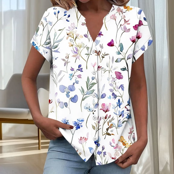 Maqroz Womens V Neck T Shirts Trendy Short Sleeve Button Down Loose Fit Floral Printed Summer Vacation Hawaii Tops Casual Blouses 2026 White XL