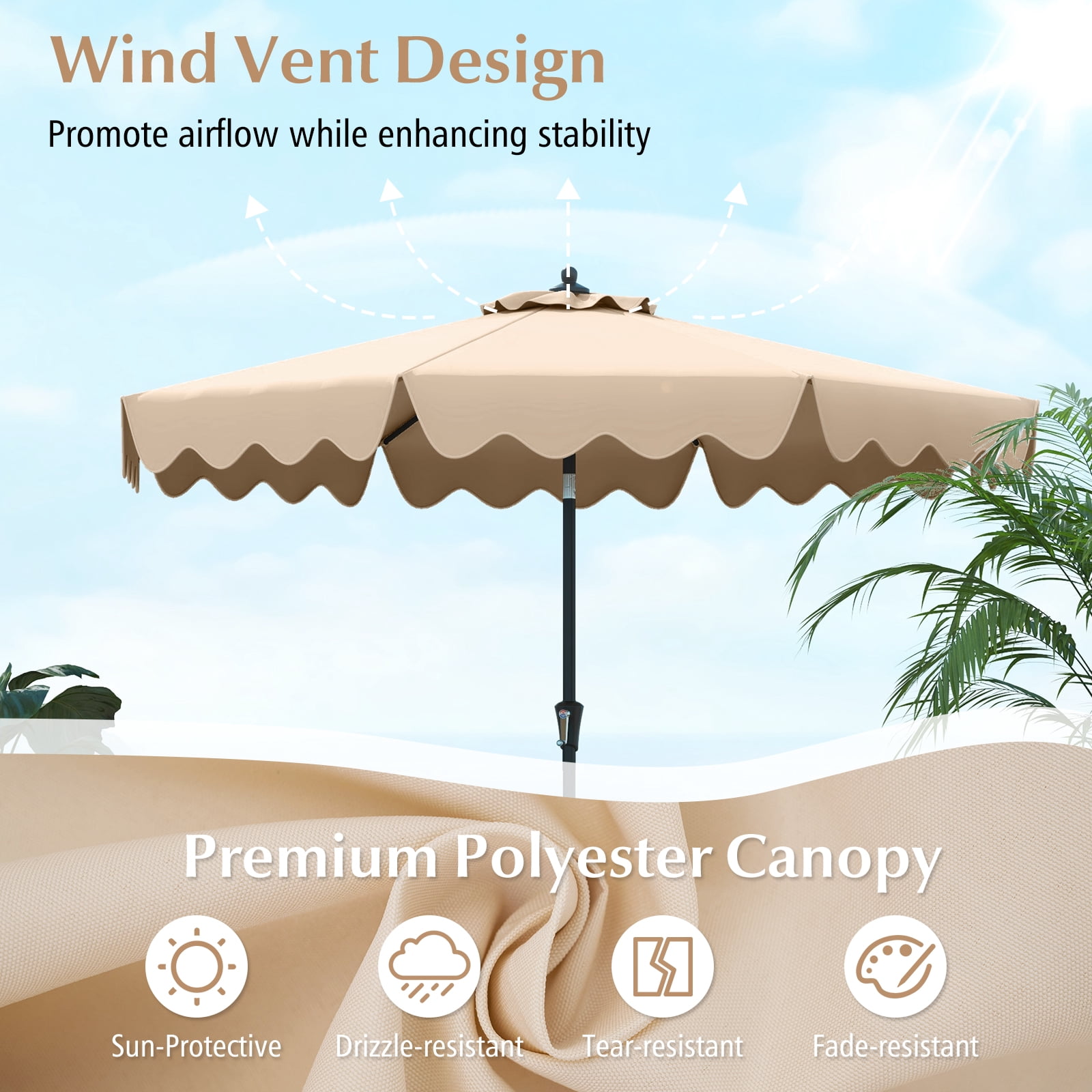 Costway 9 FT Patio Umbrella 2-Tier Market Table Umbrella with Sun-Protective Canopy Beige