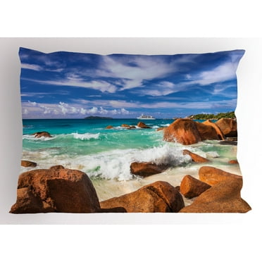 Ambesonne Tropical Pillow Sham, Rocky Coast Seychelles, 26" X 20", Cinnamon Blue Turquoise