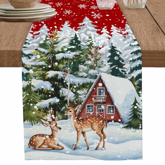 nqOlkjepod Red Christmas Table Runner 60 Inches Long Farmhouse Dress Scarves, Xmas Winter Forest Tree Deer Snowflakes Dining Tablerunner for Coffee Table/Kitchen Island/Party Décor, 13" x 60"