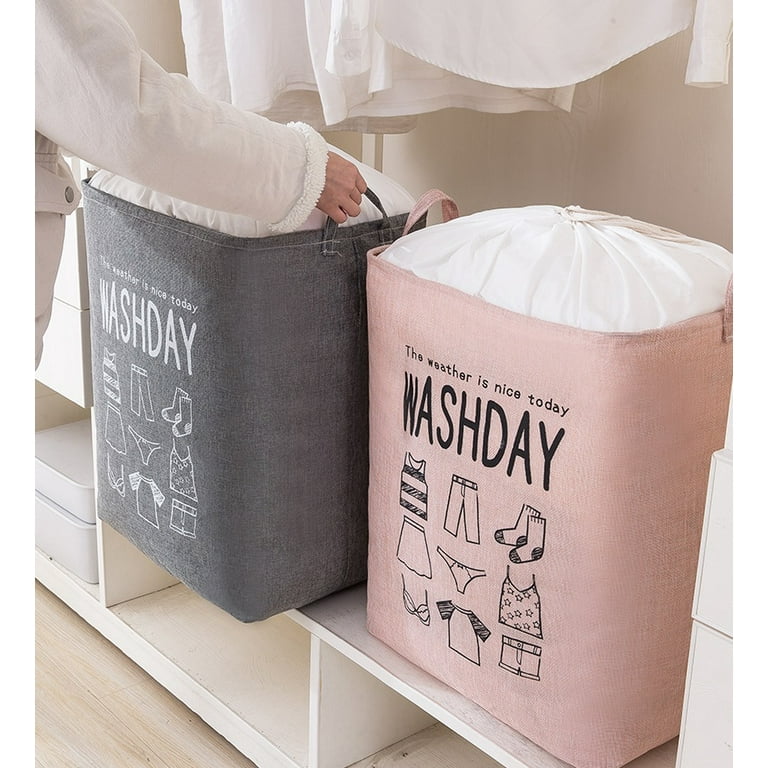 Collapsible Laundry Basket with Handles, Large Foldable Clothes Hamper Bag  Cotton Linen Washing Tote Drawstring for Bedroom Dorm Toy Clothing Storage  Organizer 