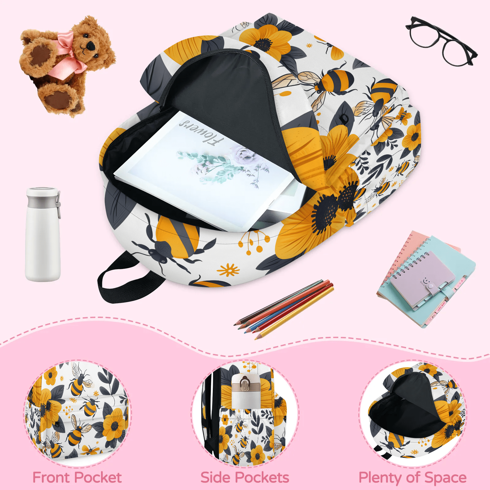 Herdesigns Bee Backpack for Men Women, Lightweight Laptop Backpack 16.3 Inch Yellow Floral Casual Daypack for Travel Work Commuter