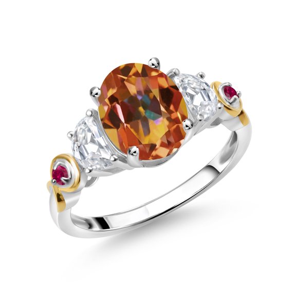 Gem Stone King 925 Silver and 10K Yellow Gold 3-Stone Ring Oval Ecstasy Mystic Topaz and Moissanite (2.50 Cttw, Size 7)