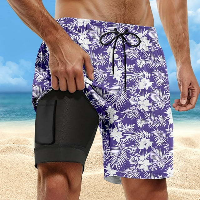 WEAIXIMIUNG Black Dress Pants Men Slim Fit European Summer Beach Pants Men Trendy Comfortable Coconut Tree Hawaii Beach Leisure Sports Double Layer Pants