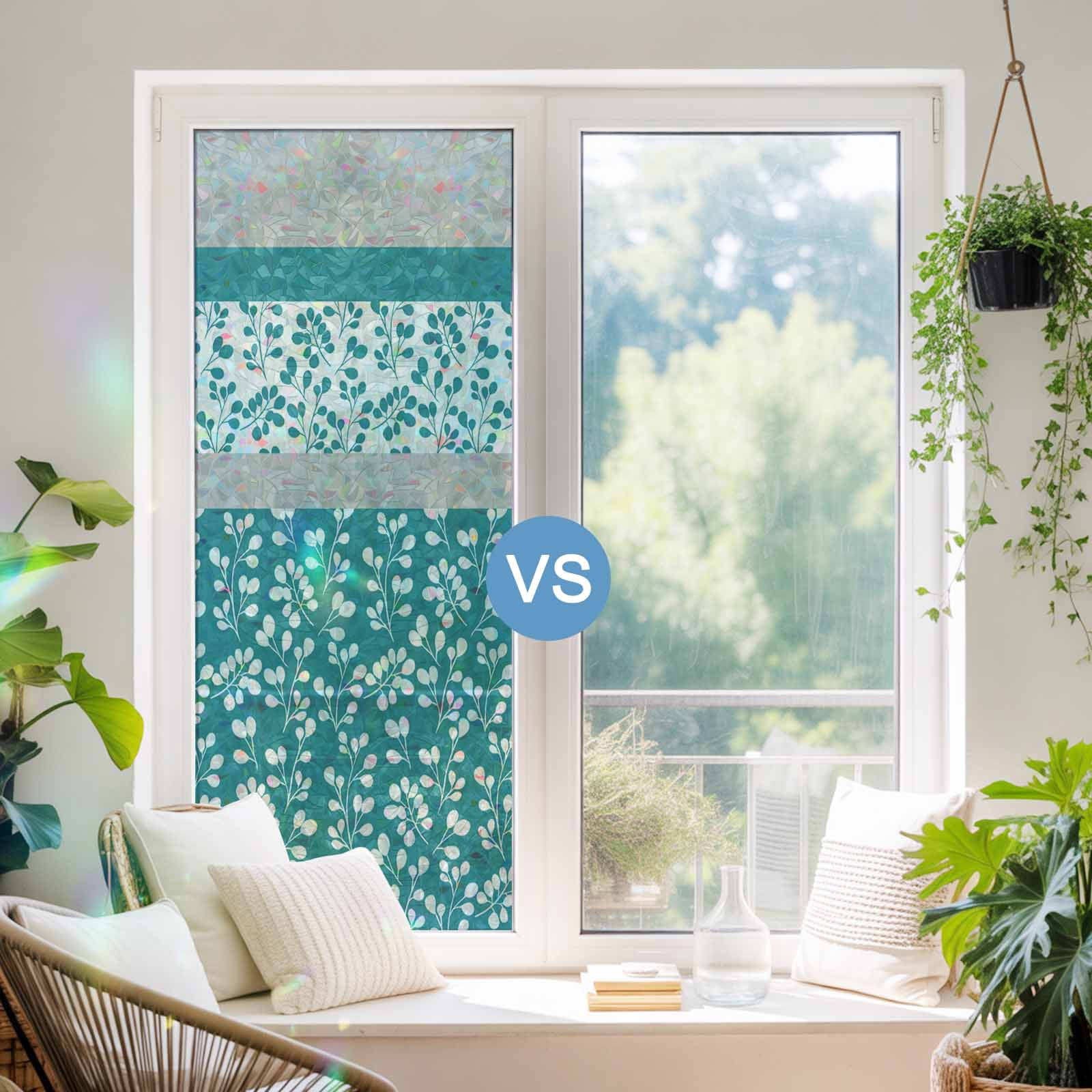 Teal Floral Window Privacy Film Stain Glass,Reusable Decorative Rainbow Window Film,Botanical Blossom Motif Boho Grey Stripes Static Cling Sun Blocking Stickers Decals Covers 17.7" x 39.3" (2pcs)