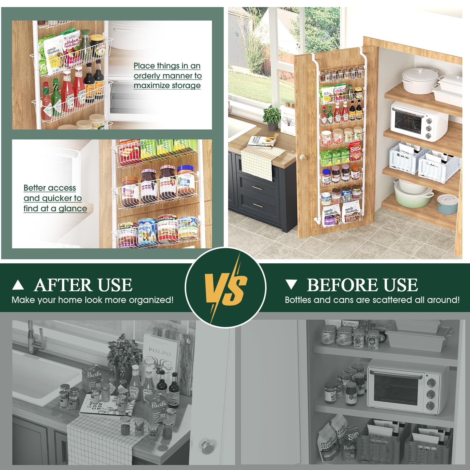 Yeabett 8-Tier Over the Door Pantry Organizer, Larger Baskets Metal Pantry Organization and Storage, Door Back Hanging Space Saver for Kitchen, Laundry, Bathroom, White
