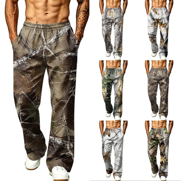 Camo Wide Leg Jogger Pants for Men Baggy Elastic Drawstring Waist Outdoor Hunting Sweatpants with Side Pockets Gray 2XL