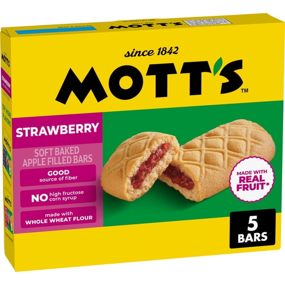 Mott's Soft Baked Apple Filled Bars, Strawberry Flavor Snacks, 5 Ct, 6.55 oz