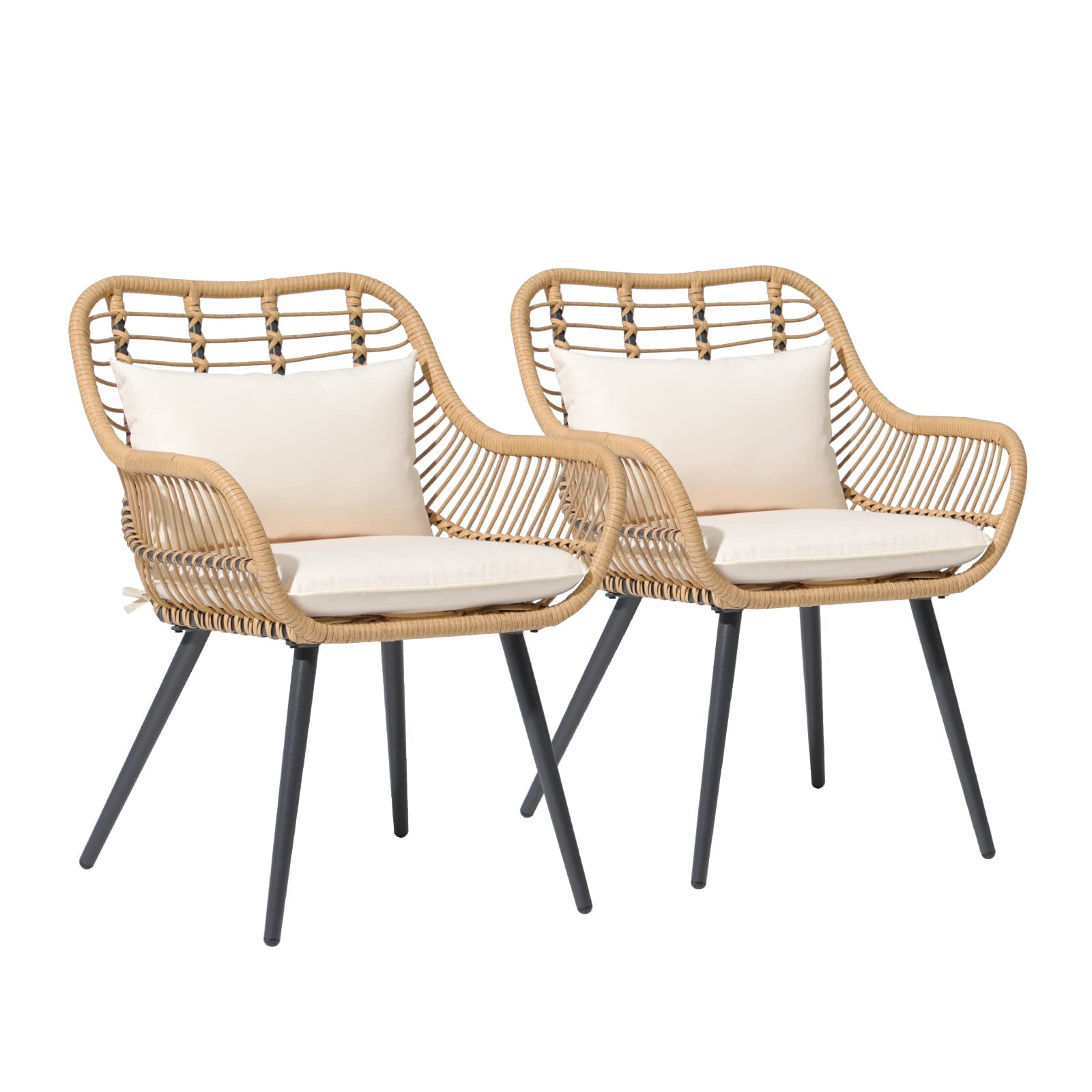 JOIVI Outdoor Wicker Chairs Set of 2, Patio Dining Chair with Cushions, All-weather Rattan Porch Chairs with Armrest for Outside Lawn, Balcony, Garden, White