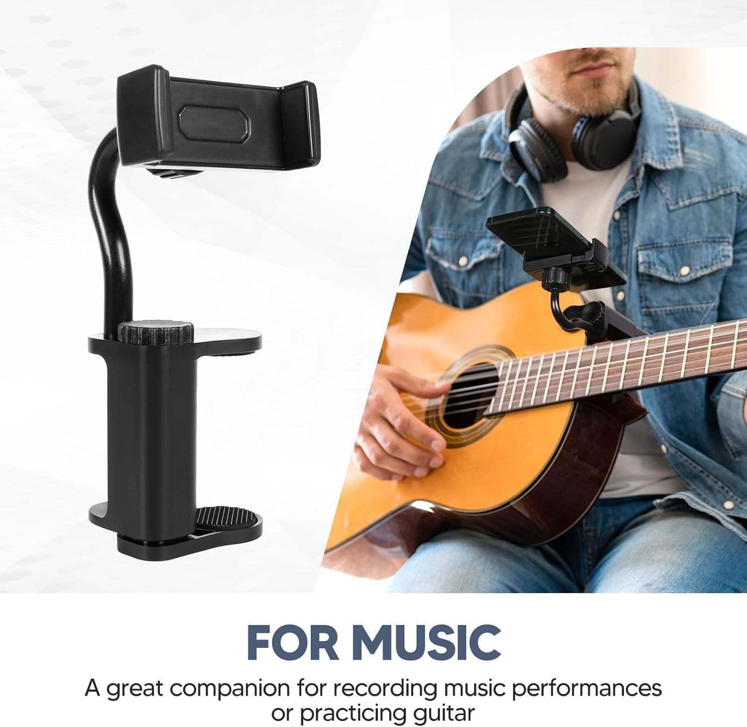Guitar Phone Holder, Easy to Install Phone Clip Fit for 6-10cm Thick Guitars and Ukulele, Digital Sheet Music Holder, Practical Guitar Accessories for Live Broadcast Teaching Video Recording