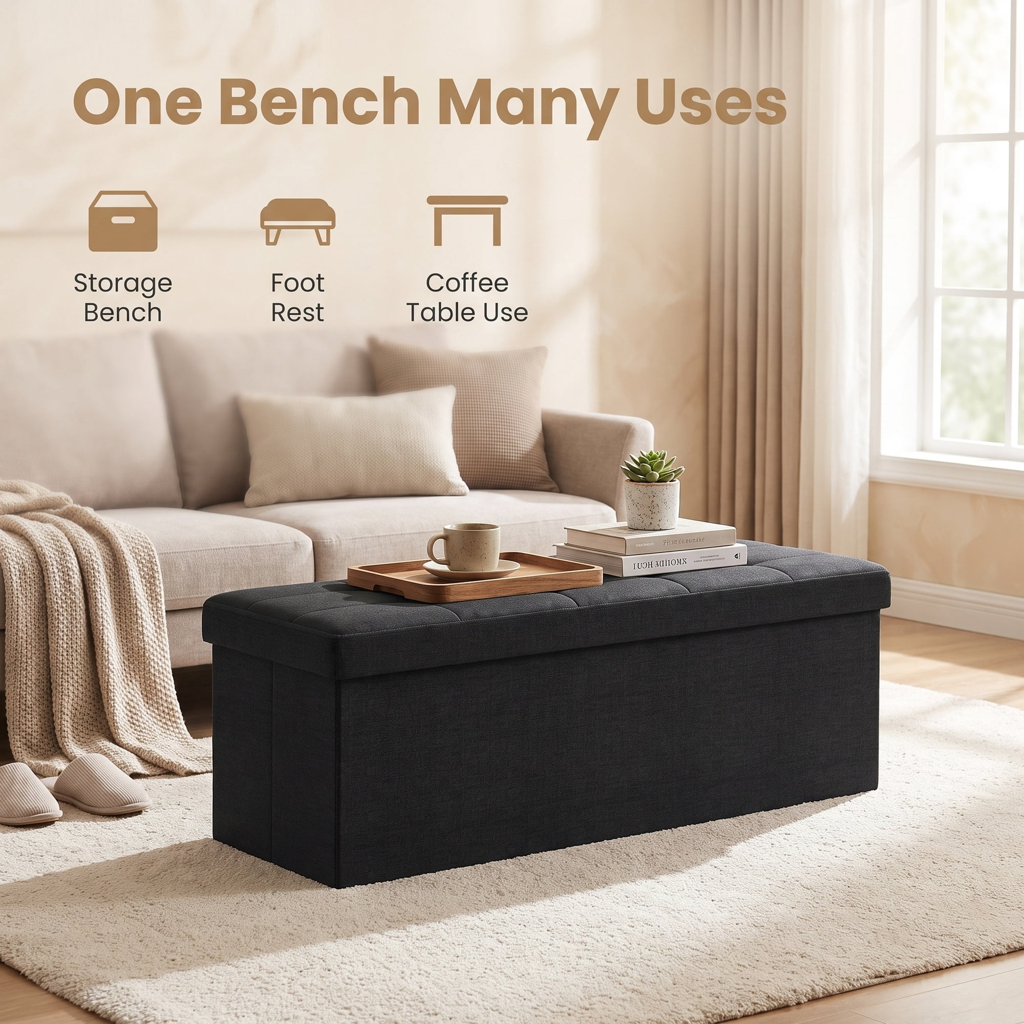 Ledrem Large Foldable Storage Ottoman Bench with Storage, Footrest, Ink Black
