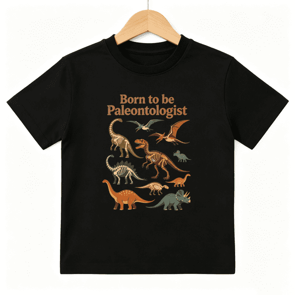 Paleontologist Dino Boys Graphic Tee, Vintage Dinosaur Skeleton 100% Cotton Kids Short Sleeve T-Shirt