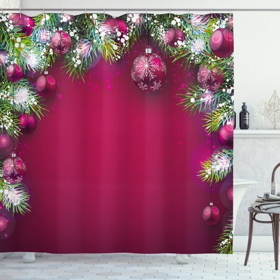 Ambesonne Christmas Shower Curtain, Tree Balls Snowflakes, 69"Wx75"L, Magenta Green White