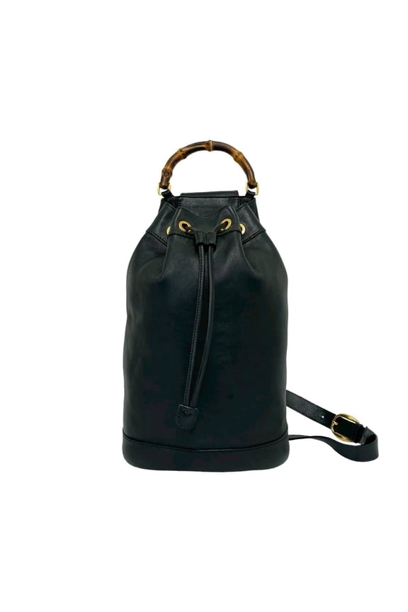 Pre-Owned GUCCI Vintage Bamboo Leather Drawstring Body Bag Shoulder Bag, Black, 17081