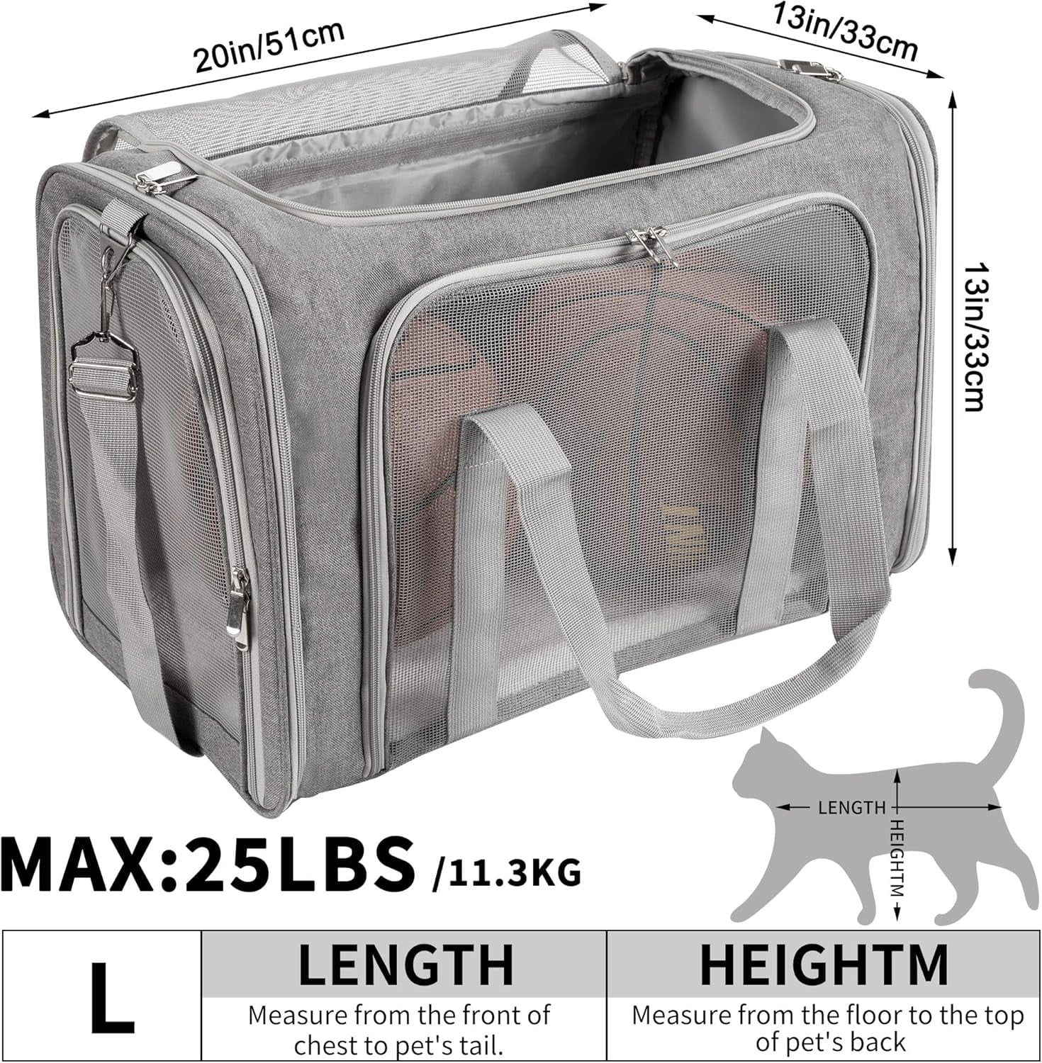DENZUS Soft-Sided Cat/Dog/Pet Carrier, Collapsible Pets Travel Carriers for Big Cats/Small Dogs with Shoulder Strap & Removable Mat, Mesh Puppy Carry Bag, Up to 25 Lbs, TSA Airline Approved(Gray)