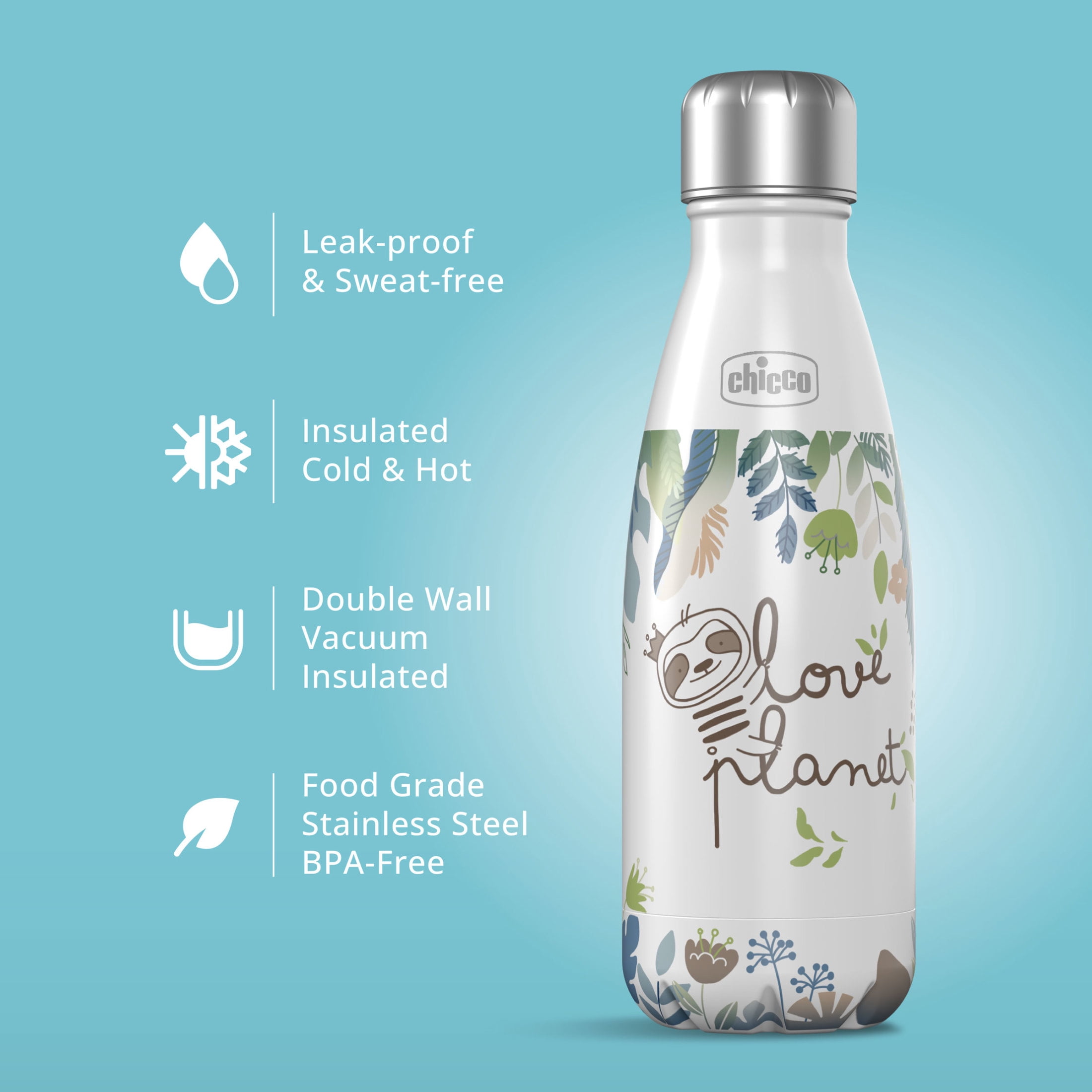 Chicco Stainless Steel Double Wall Vacuum Insulated Water Bottle, 4yr+ - Sloth, New