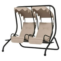2-Seater Outdoor Swing with Canopy, Patio Porch Swing Chair for Garden, Backyard, Beige - Independent Seats & Cupholders