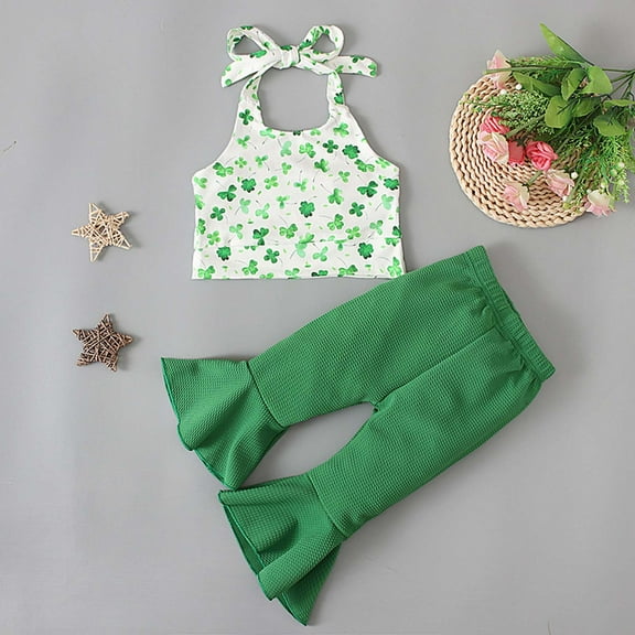 Wavsuf Newborn Girl Outfits Set Sleeveless Flared Comfort Pants Green Two Piece Sets Size 6-12 Months
