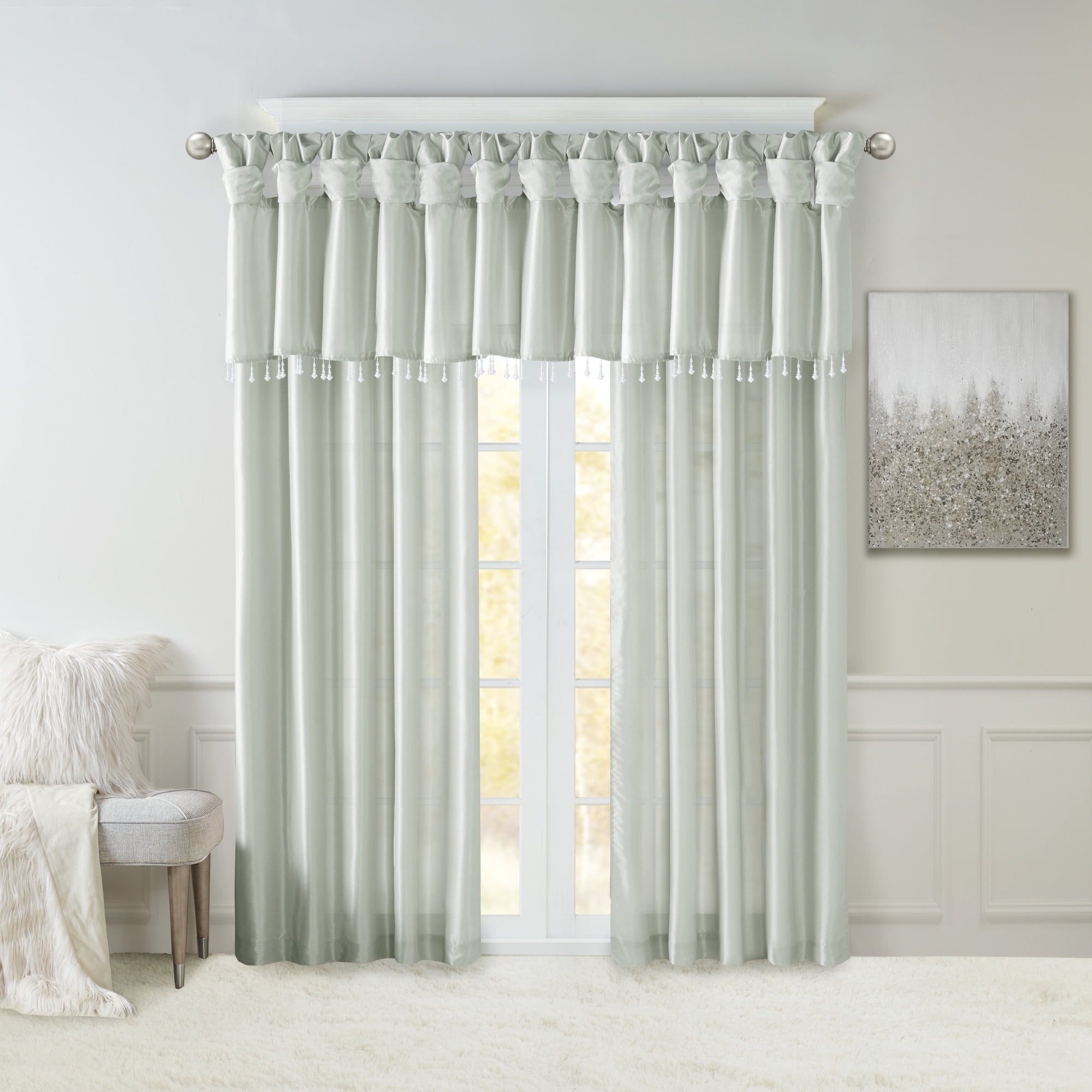 MAYEERTY 50x26" Lightweight Faux Silk Valance - With Beads, Dusty Aqua