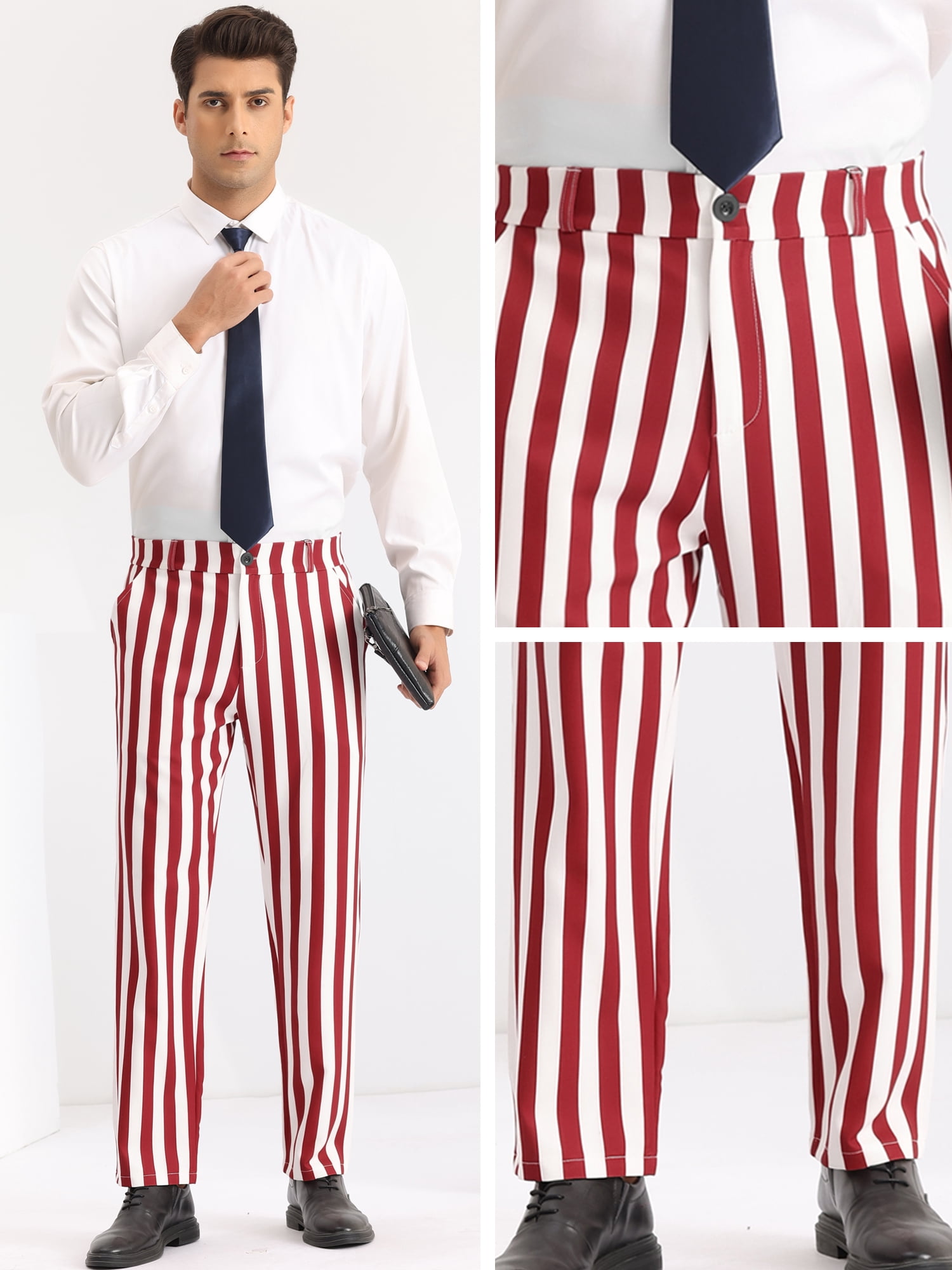 DARING DIVA Men's Striped Dress Pants Straight Leg Color Block Business Trousers 30 Red White