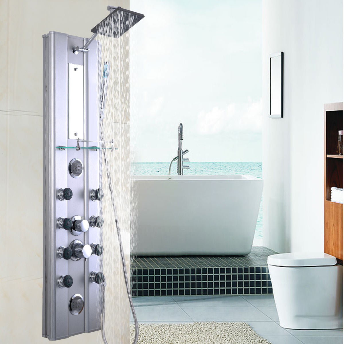Aluminium Shower Panel Thermostatic WATERFALL MASSAGE RAIN SHOWER Black White 
