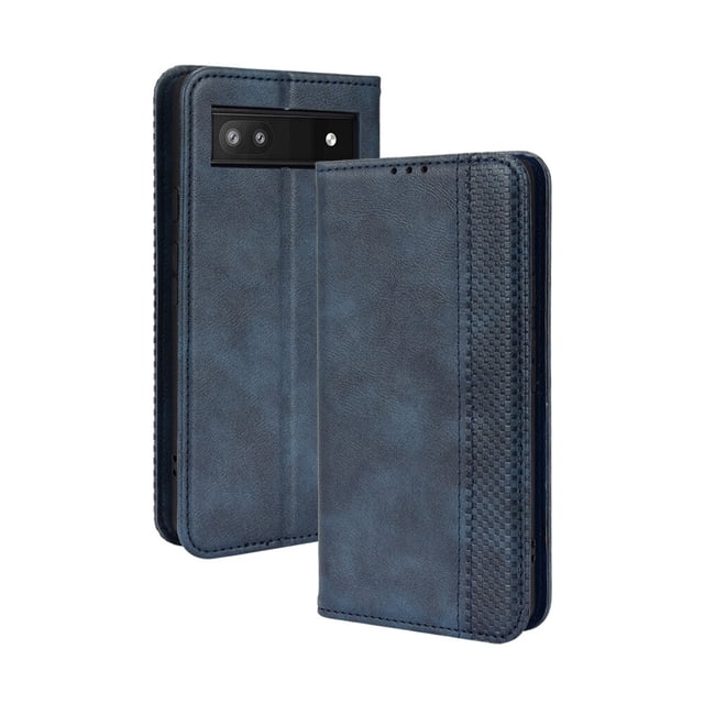 Compatible with Google Pixel 6A Case Magnetic Closure Vintage Pattern PU Leather Wallet Cover with Card Slots-Blue